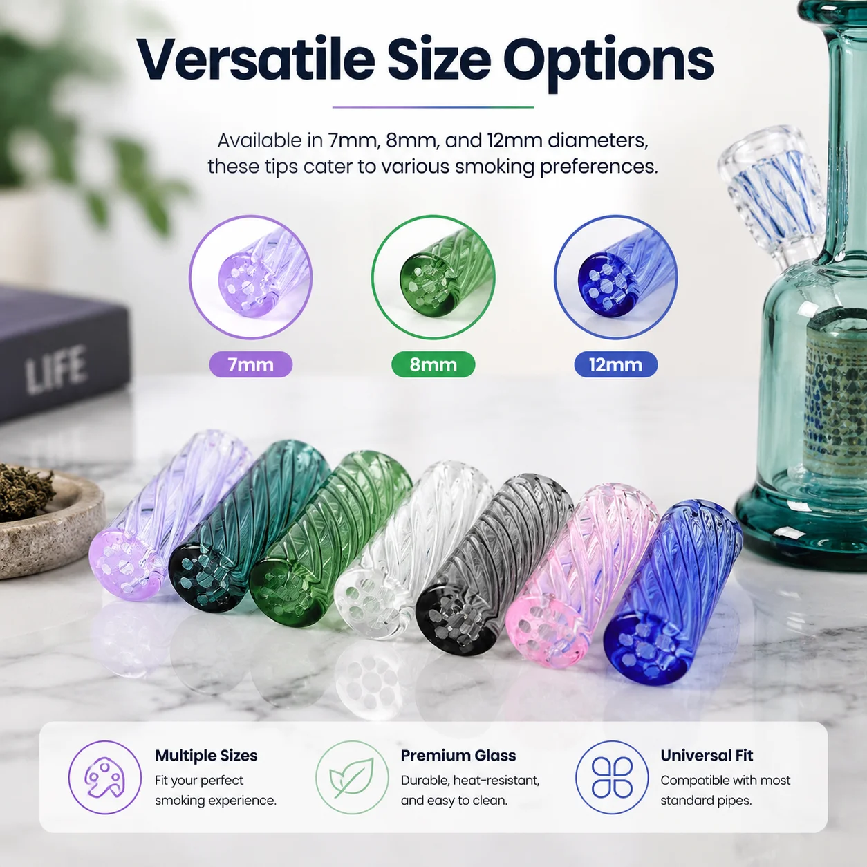 5Pcs Mini Glass Cigaret Pipe Filter Tips Round Mouth for Dry Herb Tobacco Rolling With 7 Holes Cigarette Glass Tool 7/8/12mm view 5
