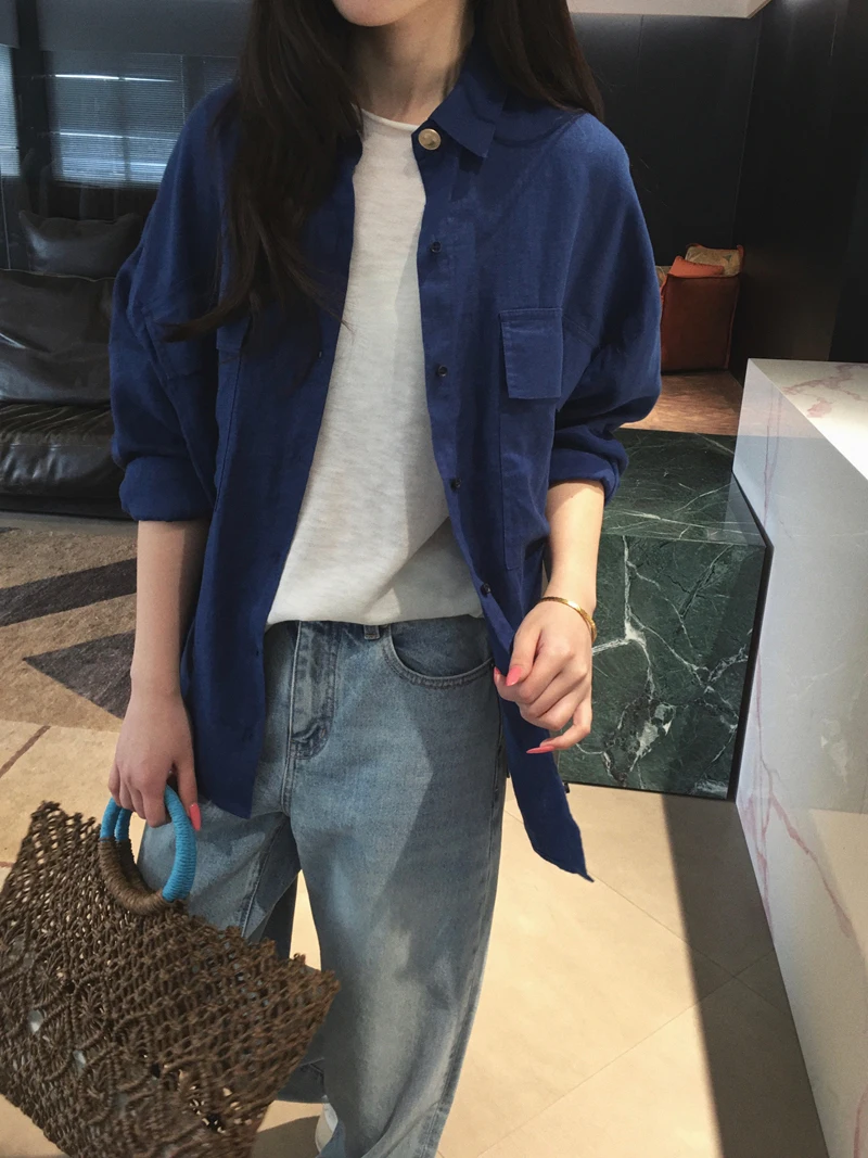 

Cuijia Women's Linen Workwear Style Shirt Double Pocket Metal Buckle Washed Fabric Long Sleeve Breathable Comfortable Straigh...