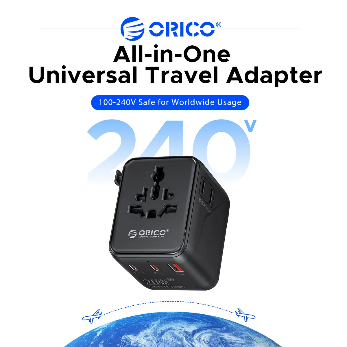 ORICO Universal Travel Adapter 2500W International Power Adapter EU UK US AU Plug Adapter 100‑250V Dual Fuse Safety Travel Charg