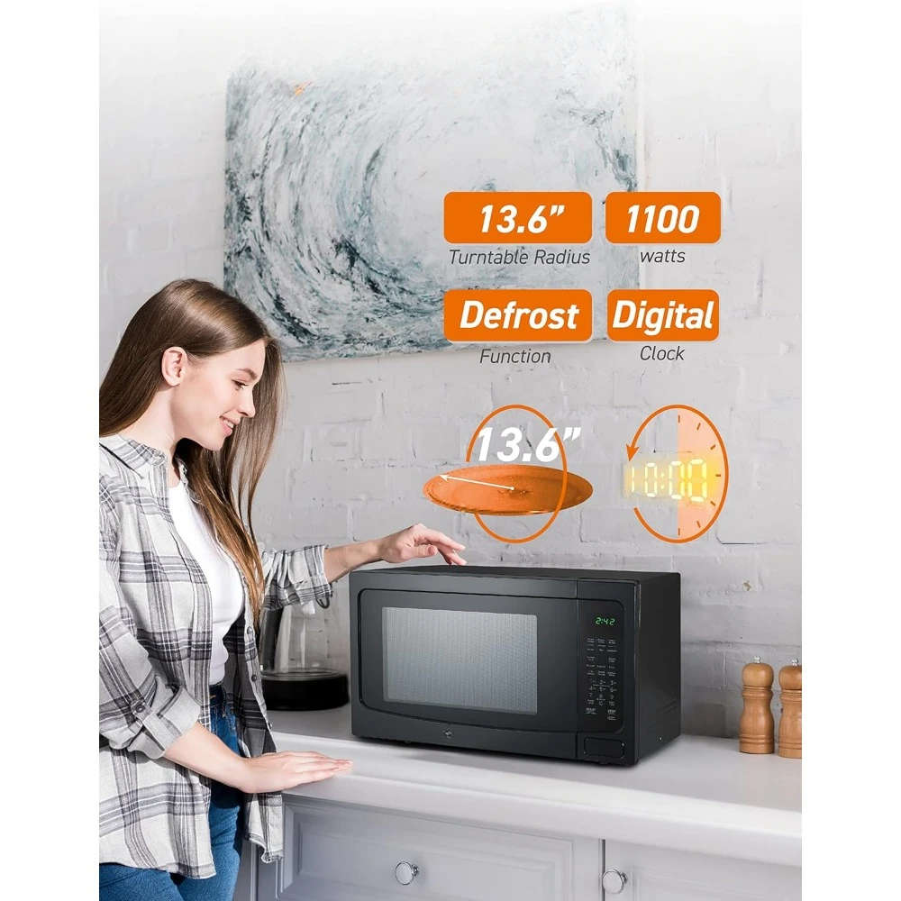 1.6 Cubic Foot Microwave with 10 Power Levels, Push Button Child Safety Lock, 1100 Watt, Countertop Microwave