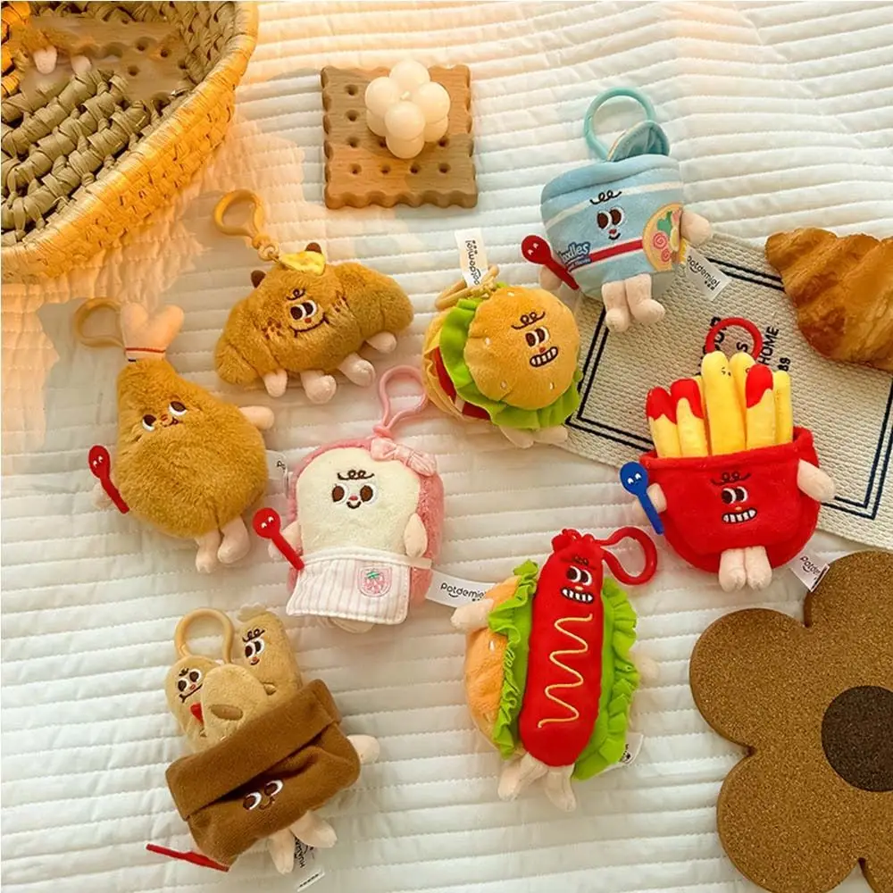 Cute Hamburg Bread Plush Pendant Hot Dog Croissant Instant Noodles Key Chain Expression French Fries Plush Doll Toy Children