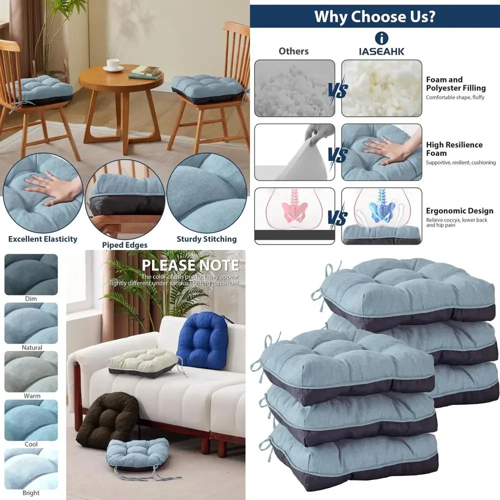 

Светло-голубые подушки для сидений обеденных стульев, подушки для кухонных стульев с завязками, набор из 6 штук, 15,5 x 15,5 x 4 дюйма, стеганые пенопластовые подушки.