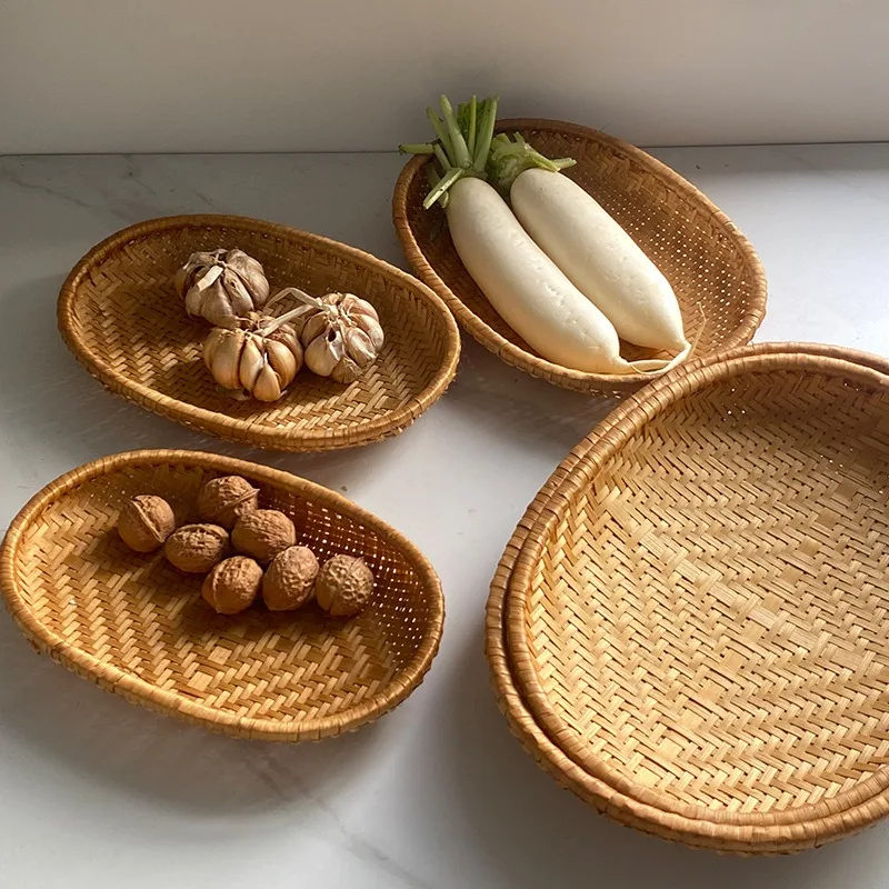 Round Hand-woven Bamboo Woven Storage Basket, Smoked Oval, Fruit and Rice Drain