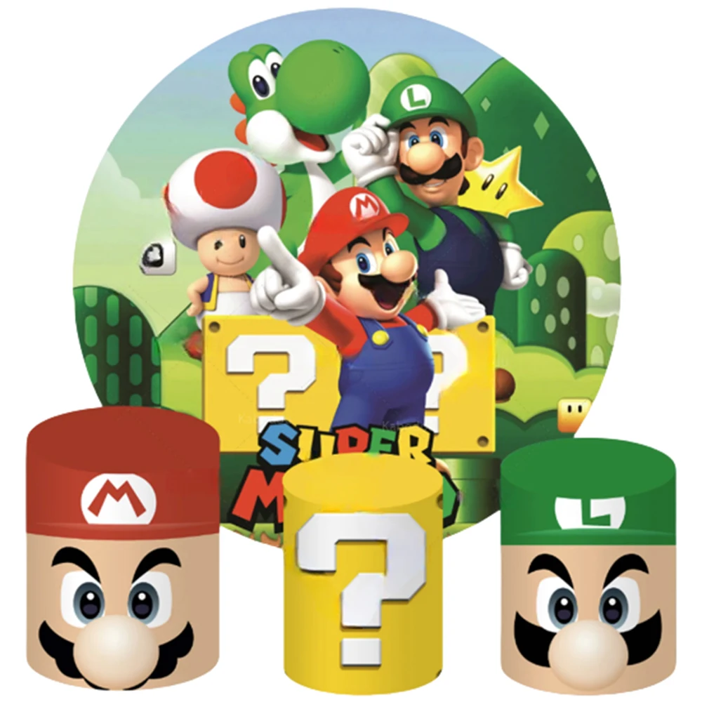 

Super Mario Bros Round Backdrop Photo Photography Background Cylinder Cover Baby Shower Birthday Party Supplies Kids Props