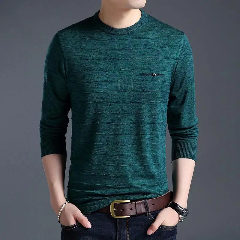 Fashion Men Slim Basic T-Shirts Spring Autumn New Male Clothes Knitted Bottoming Pullover O-Neck Thin Long Sleeve Casual Tops