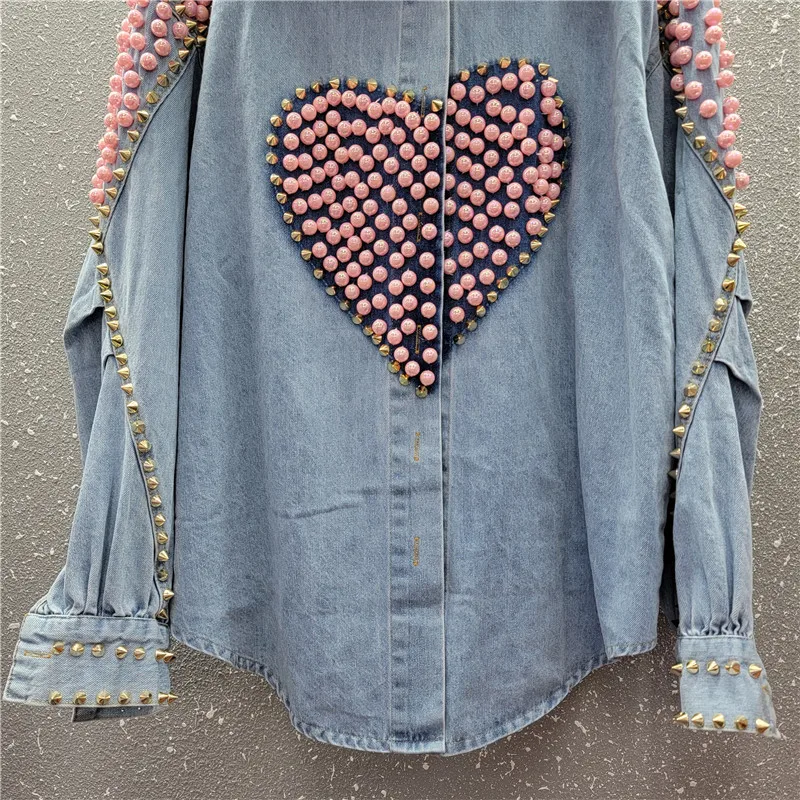 Spring Women Blue Denim Shirt Jacket Rivet Pearl Beaded Heart Pattern Casual Loose Long Sleeve Jeans Jackets Female Streetwear