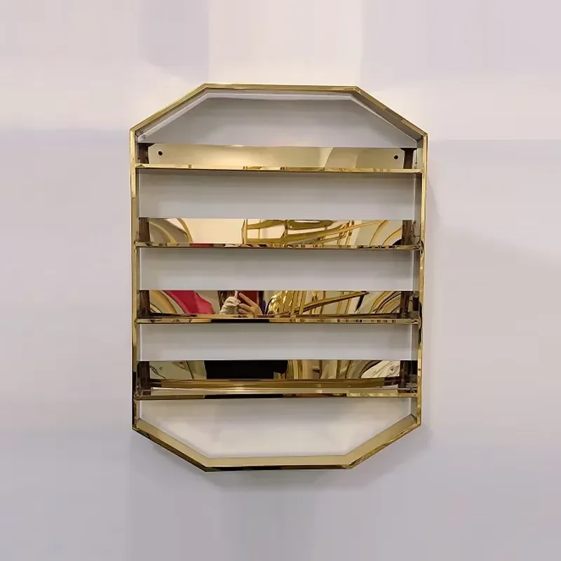 Nail Polish Display Stand Wall Mounted Storage Rack for Nail Salon Professionals Shiny Gold Stainless Steel Large Capacity
