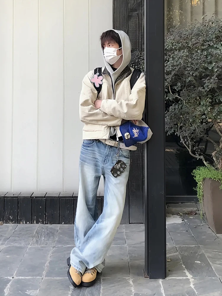 

Светло-голубые мужские джинсы с высокой талией, летние, модные, прямого кроя, слегка расклешенные, Cleanfit, премиум-класса, с застежкой-молнией на средней талии