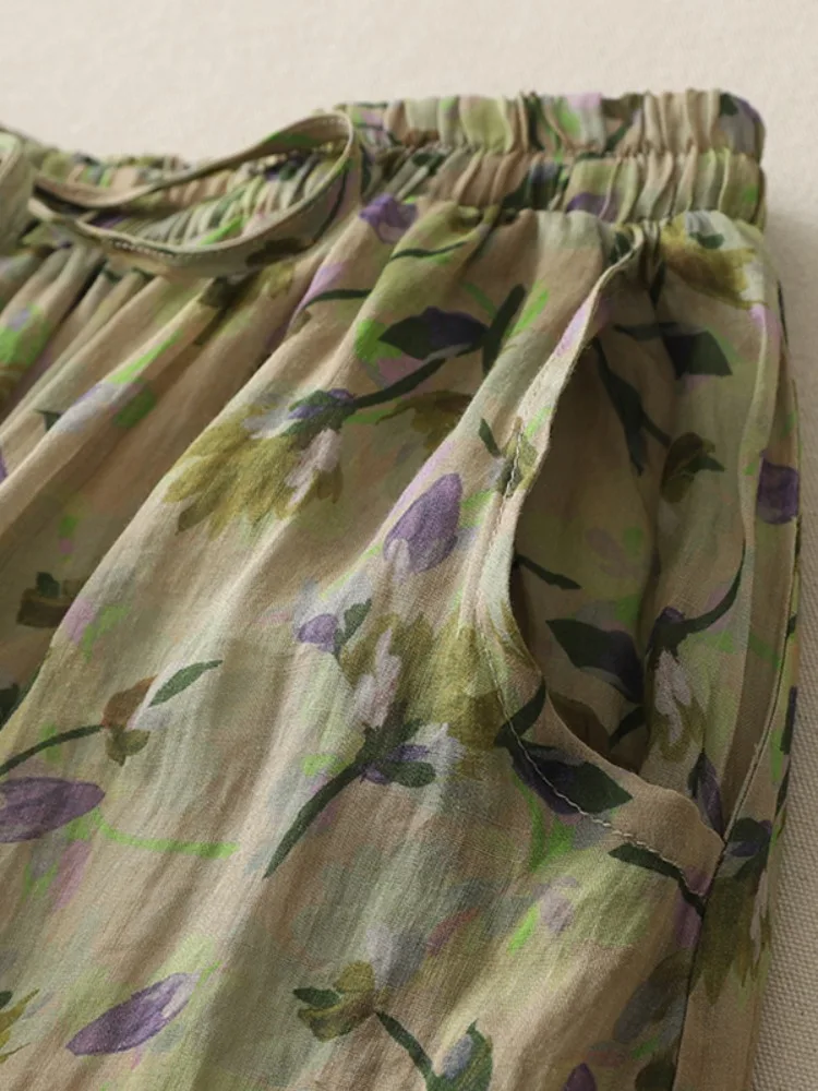 Retro bloemenprint linnen f rok dames zomer lichtgewicht ademend hoge taille gedrapeerde afslankende dubbellaagse a-lijn rok