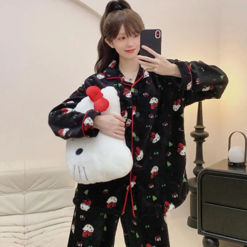 Hello Kittys – ensemble pyjama imprimé pour femmes, printemps-automne, dessin animé, manches longues, pantalon, vêtements de nuit décontractés, tenue de maison