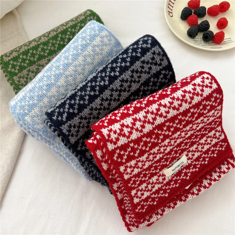 

100% Wool women's winter scarf vintage green black blue red knitted Christmas scarf neck warmer wool pure Men's winter scarf