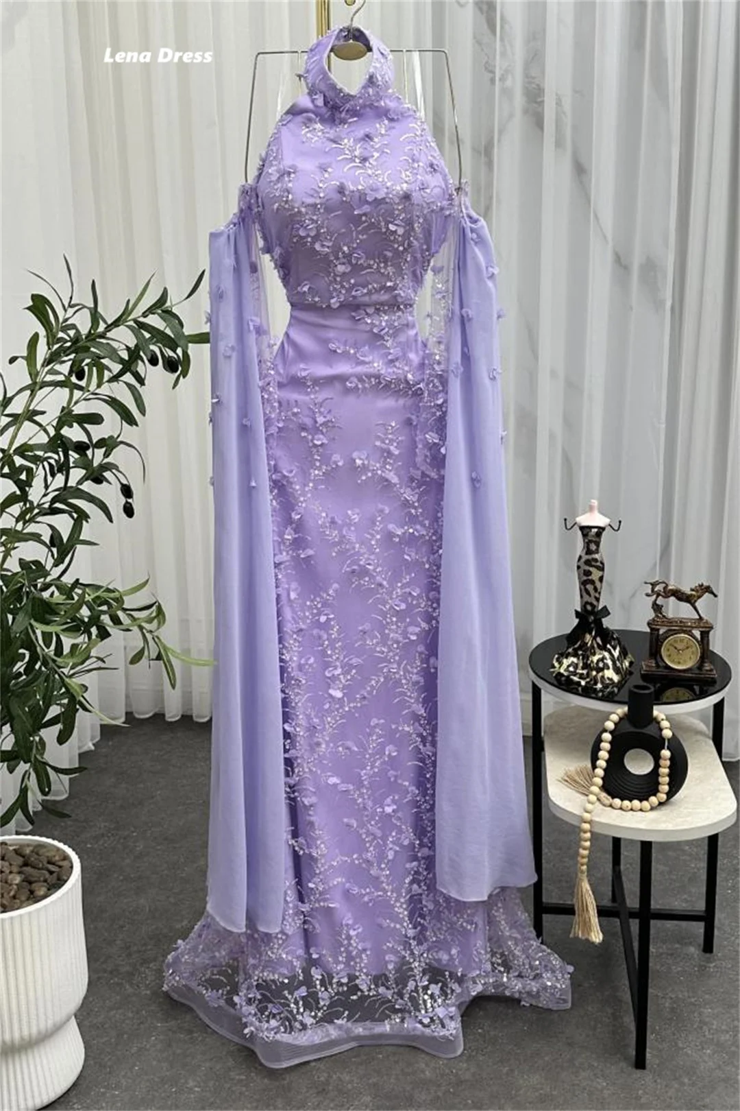 Lena Abiti da sera viola Donna Elegante Abito da festa da donna Coda di pesce Fiori personalizzati Scialle Abito da ballo di lusso 2025 Abiti da ballo