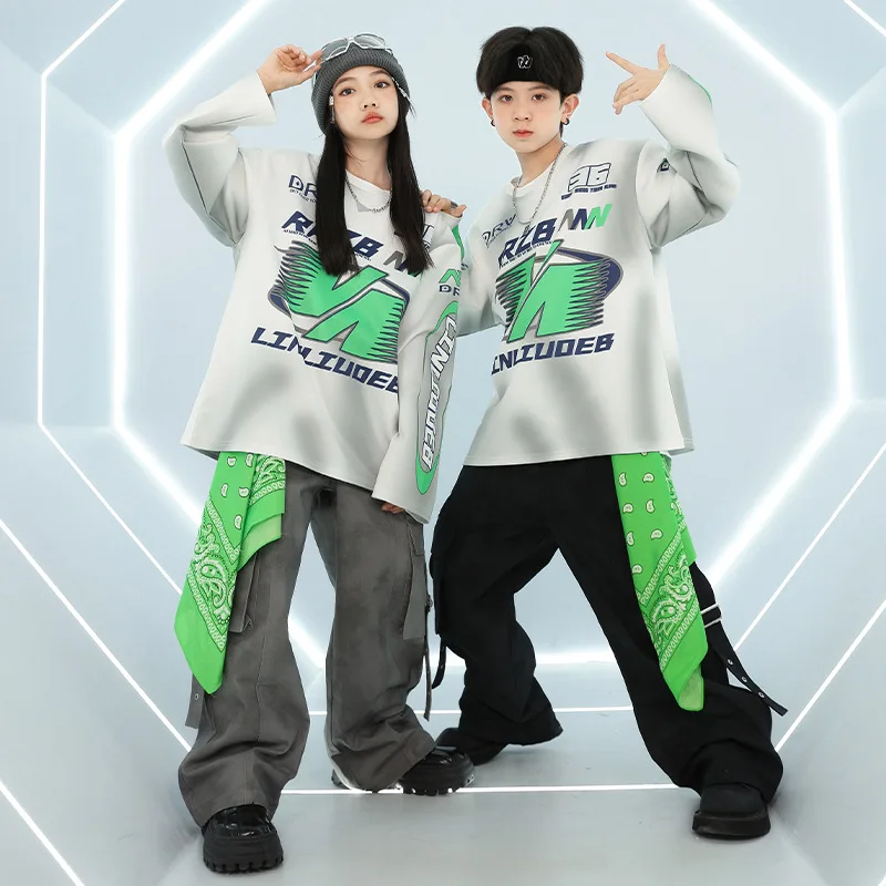 Hip Hop Jazz Dance Costume Boys Girls Loose Long Sleeve Top Pants Outfit Practice Street Dance Catwalk Show Costumes