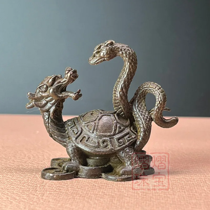 Ancient Bronze-Colored Four Divine Beasts Xuanwu Small Pet Tea Ornament Room and Office Desk Metal Craft Decorati