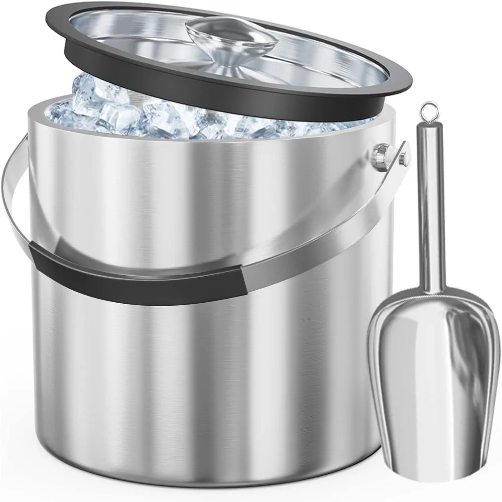 

3.2L Double Wall Stainless Steel Ice Bucket with Lid,Scoop, Updated Insulated Ice Bucket for Cocktail Bar and Parties