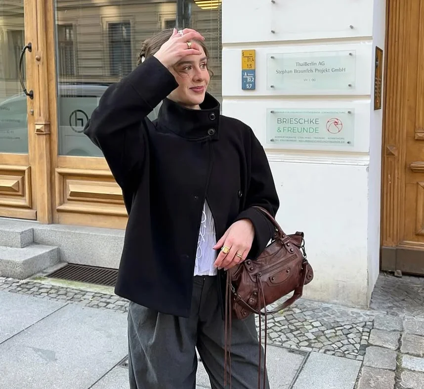 Dunkelblaue Wolljacke für Damen, 2025, Frühling, einreihig, Stehkragen, lockerer weiblicher Mantel, Bürodame, Straße, kurze Oberbekleidung, Tops – Detail 18