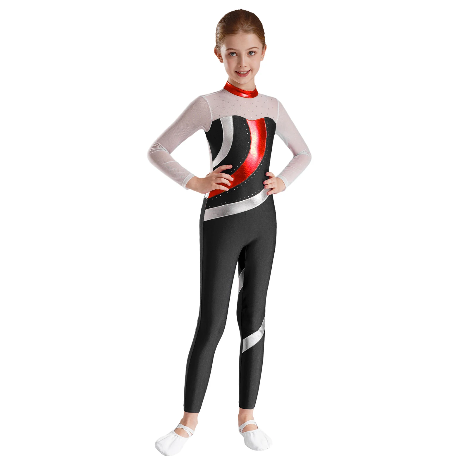 Kids Girls Metallic Yoga Jumpsuit Sheer Mesh Patchwork Long Sleeve Ballet Bodysuit for Gymnastics Figure Skating Leotards