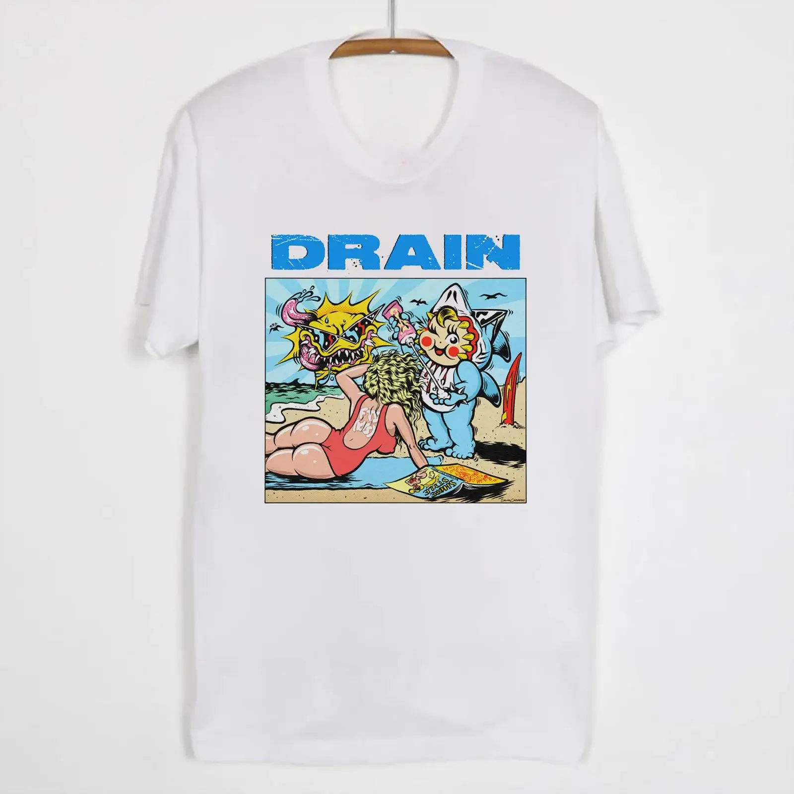 NEW Drain Band  White All Size Fan T Shirt OM120 vintage Washed Soft fashion Top For Everyday Wear streetwear Slightly