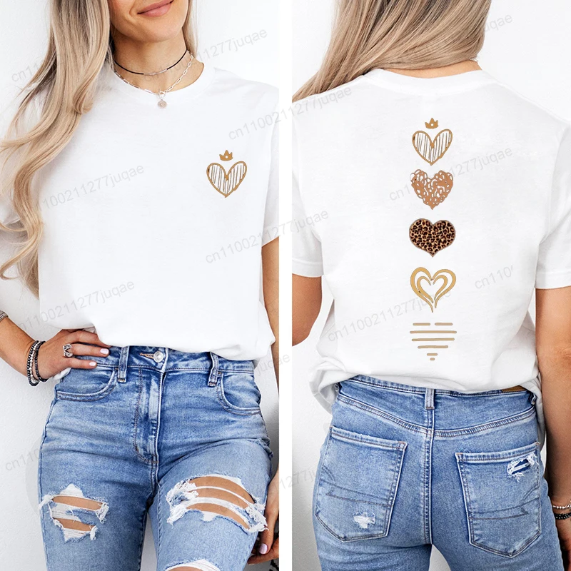 Queen Leopard Heart Print Casual Top for Summer Spring Women's Clothing Love Heart Print Crew Neck T-shirt Short Sleeve Tops