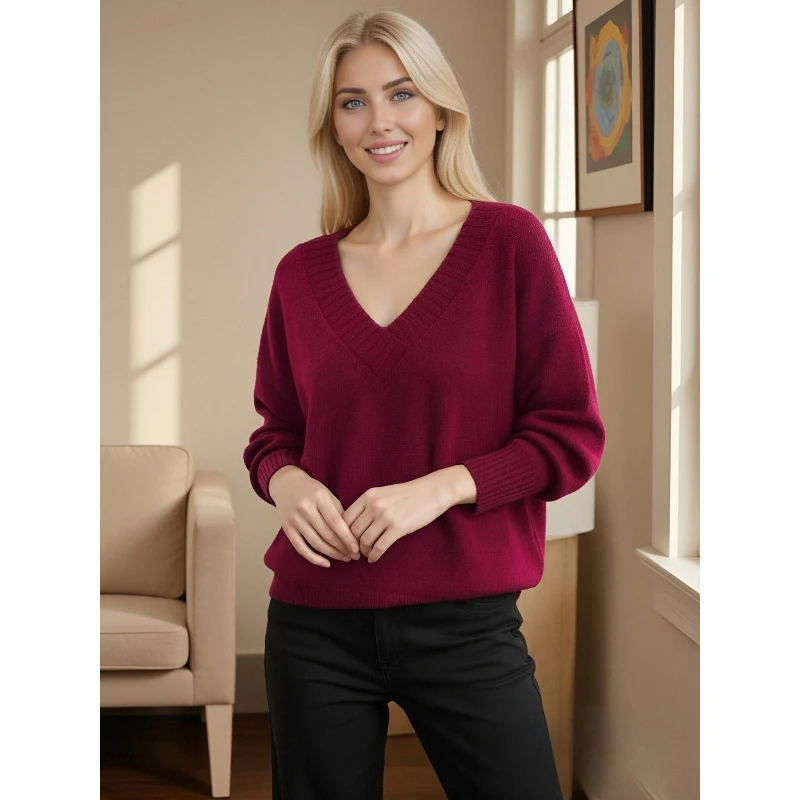 

New Casual Loose V-neck Long Sleeve Knitwear Versatile Sweater Women Solid Color Sweater Elegant Office Lady Knit Pullover 8206