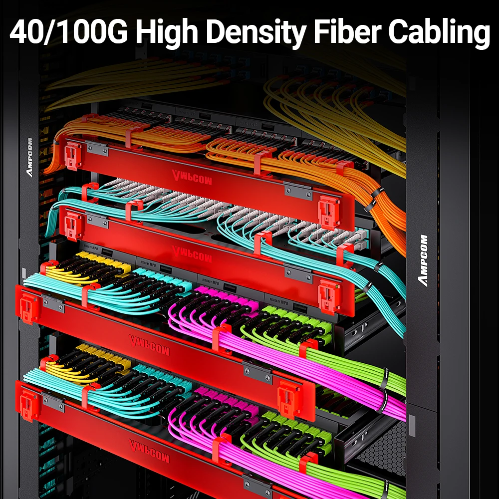 AMPCOM MPO إلى LC الألياف التصحيح الحبل نوع B OS2 المفردة 8/12/24 النوى كابل صندوق السيارة لأجهزة الإرسال والاستقبال 10G QSFP + 100G QSFP28 1-30 متر