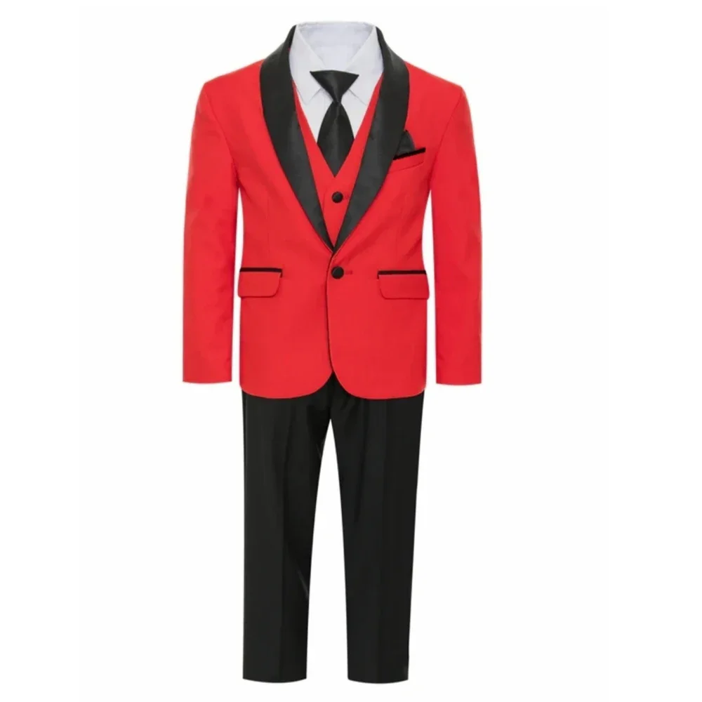 

Children Luxurious Red Photograph Suit Flower Boys Jacket Vest Pants Bowtie 4PCS Wedding Dress Kids Piano Host Performance Dress