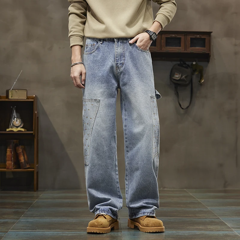 

Autumn Vintage Jeans for Men Wide Leg Loose Fitness Baggy Pants Patchwork Male Casual Denim Pants Straight-leg Jeans Boys