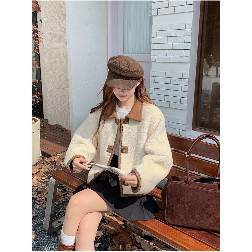 Lamb Fur Suede Short Jacket Women's Fashionable Thickened Short Coat Double-Sided Wear Small Size Gentlewoman Style