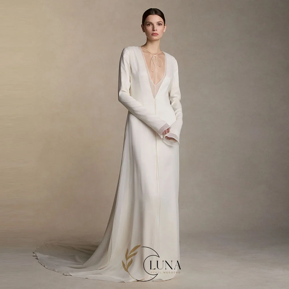 Luna Customized Elegant Civil Wedding Dresses 2026 Bridal Gown Long Sleeves V-Neck Modern Bride's Dresses vestido de novia