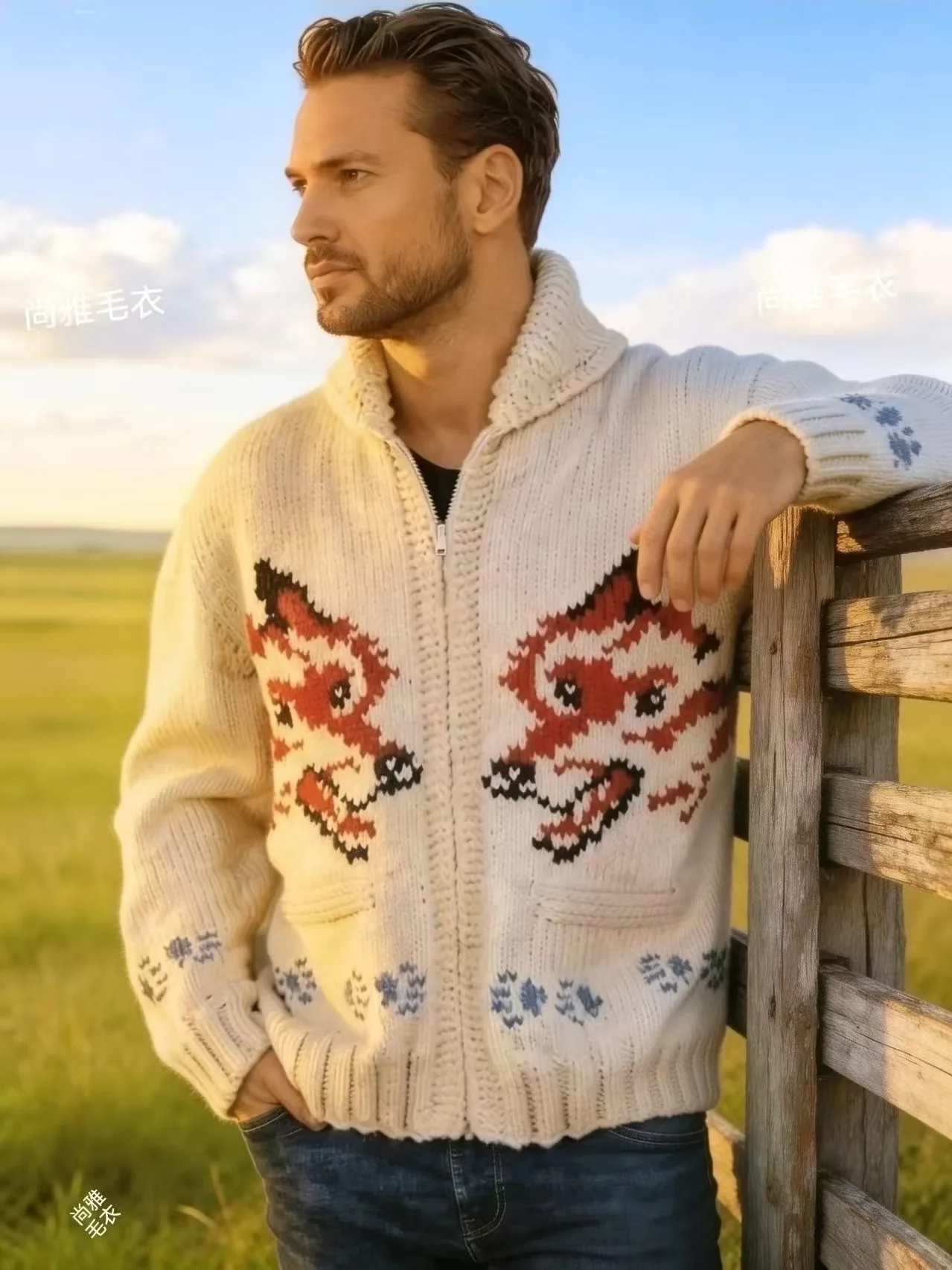 Men's Fox Plaid Knitted Sweater Blazer for Spring 2026 - Thick Knit with Zipper Closure Loose and Comfortable Style