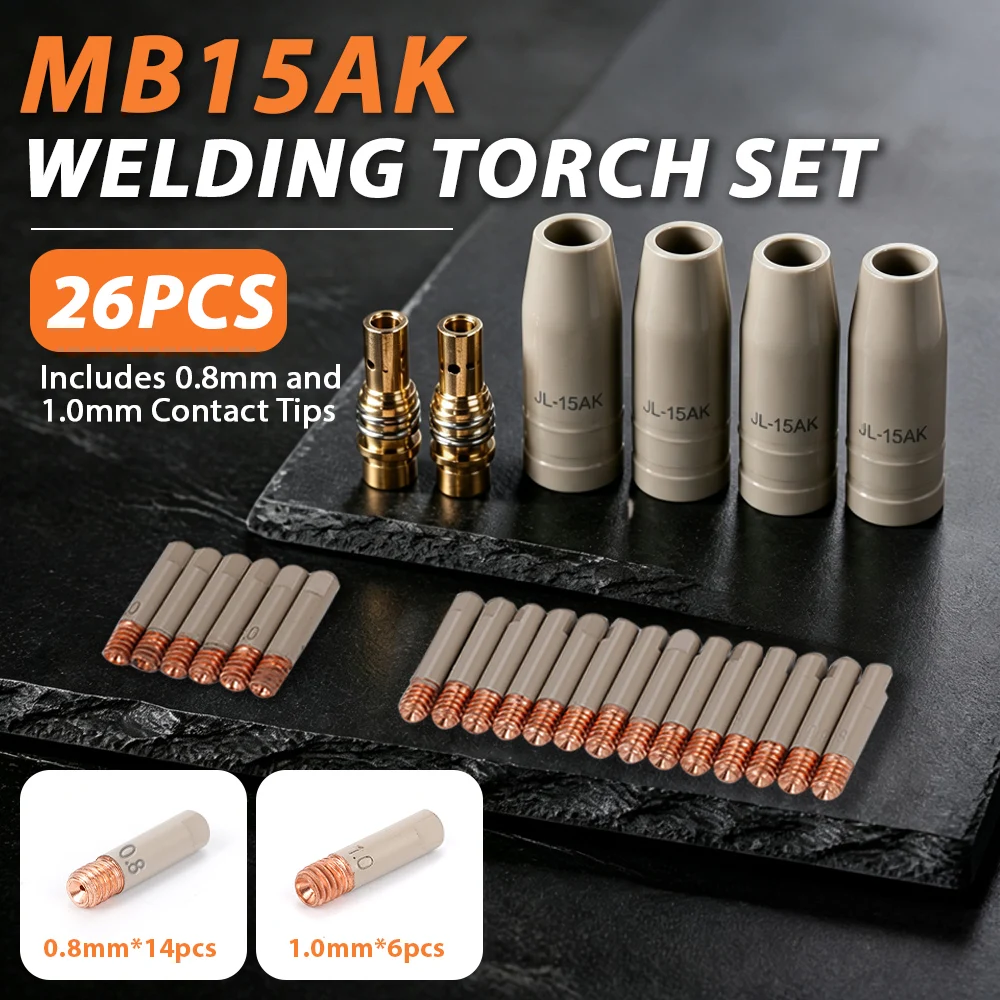 15AK MIG Welding Gun Replacement Parts Kit 26PCS MB15AK Binzel Consumables with Pure Copper Contact Tips Nozzles Diffusers