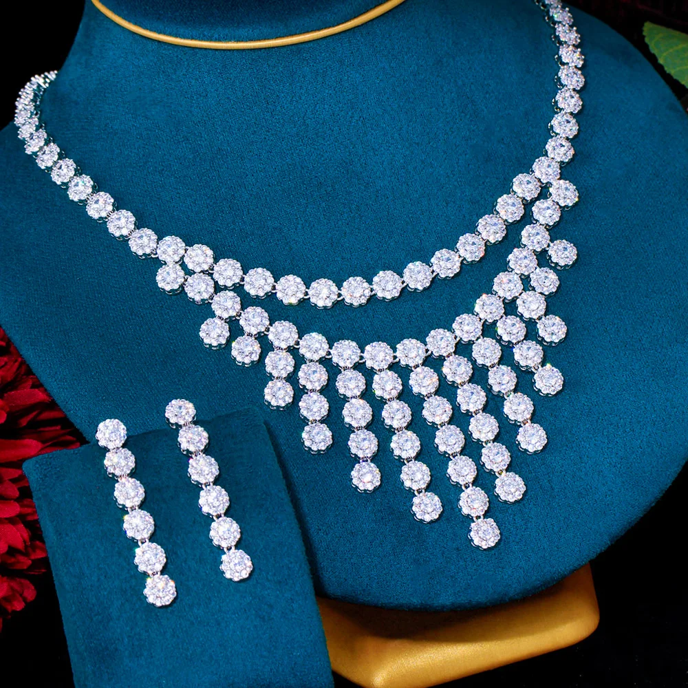Pera Gorgeous Silver Color Micro Full CZ Pave Long Tassel Flower Pendant Necklace Earrings for Women Wedding Jewelry Sets J408