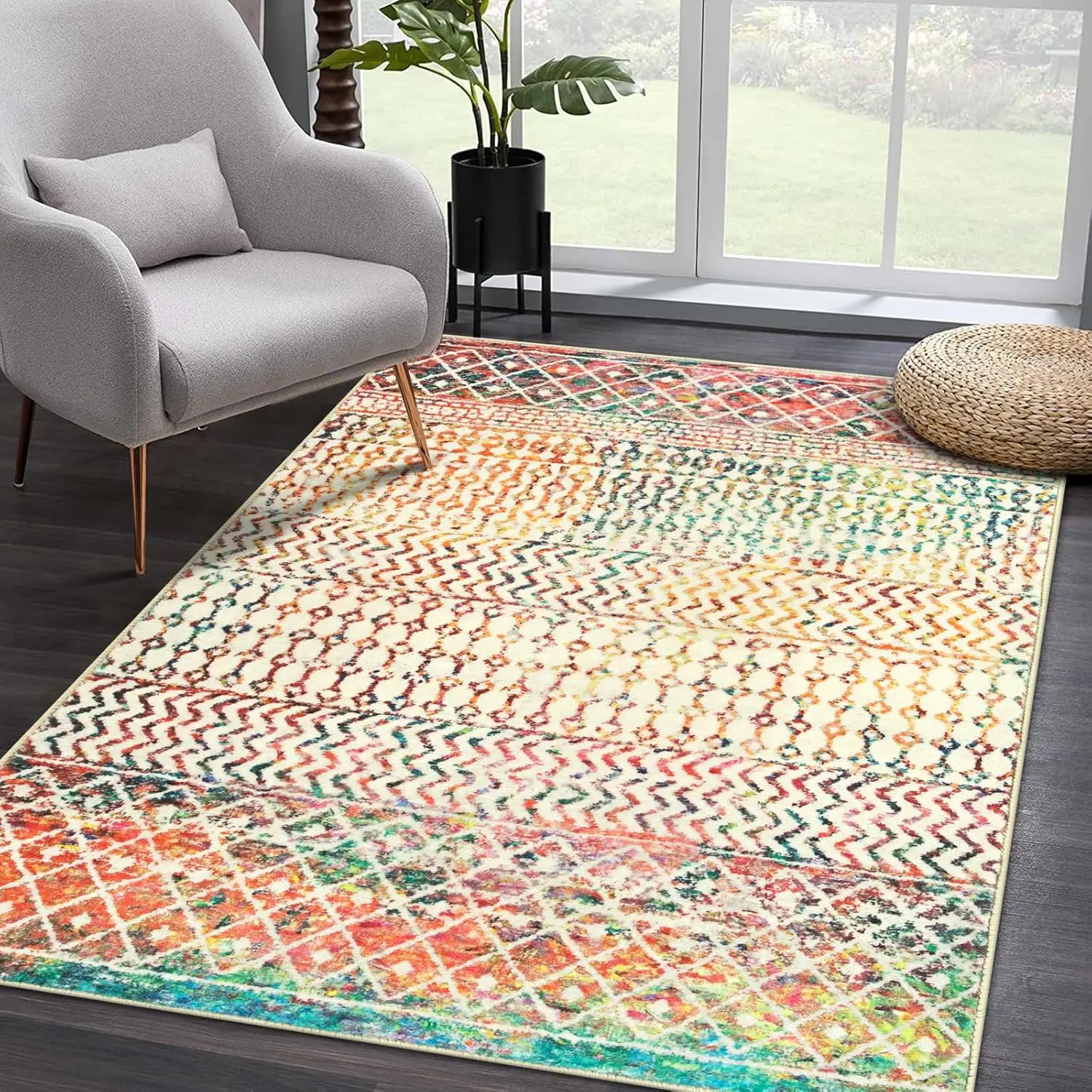 

Bohemian Geometric Area Rug, Watercolor Gradient Tribal Non-Slip Floor Mat for Living Room Bedroom Home Decor Carpet