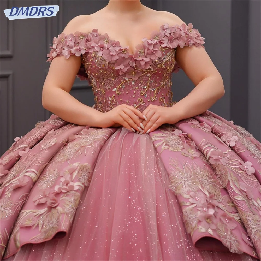 Gaun klasik Quinceanera dari bahu 3D bunga manik-manik applique Vestidos De 15 Formal elegan gaun pesta putri manis