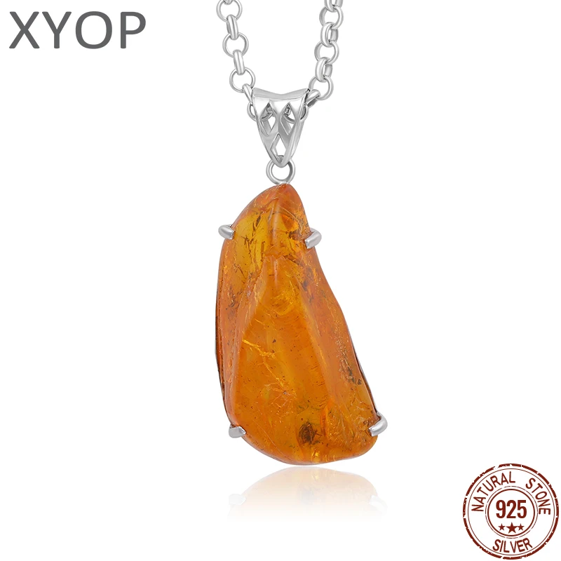 

XYOP Natural Insect Amber 925 Sterling Silver Pendant Irregular Shape Ambers Pendant Original Stone Charms Necklace Lucky Gifts