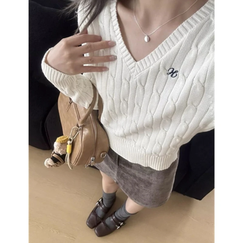

Deeptown Korean Style V Neck Sweaters Women Preppy Style Sweet Knitted Pullover Vintage Elegant Old Money Long Sleeve Crop Tops