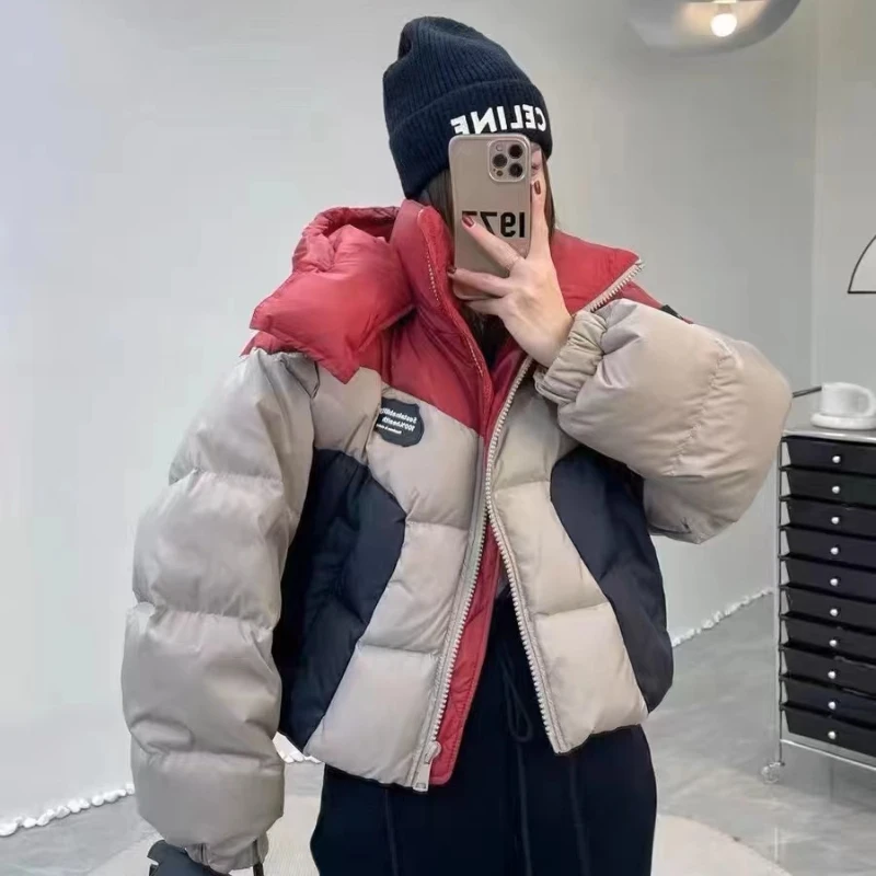 New Winter Short Down Jacket Splicing Thickened Personality Warm Fashion Cotton Jacket Hooded Winter Coat Women Jacket Women