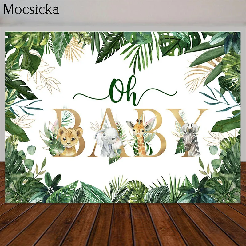 Toile de fond de fête d'anniversaire sur le thème de la jungle safari, fond de photographie de fête préChristophe, décor de table de gâteau, bannière de calcul de terre, feuilles vertes