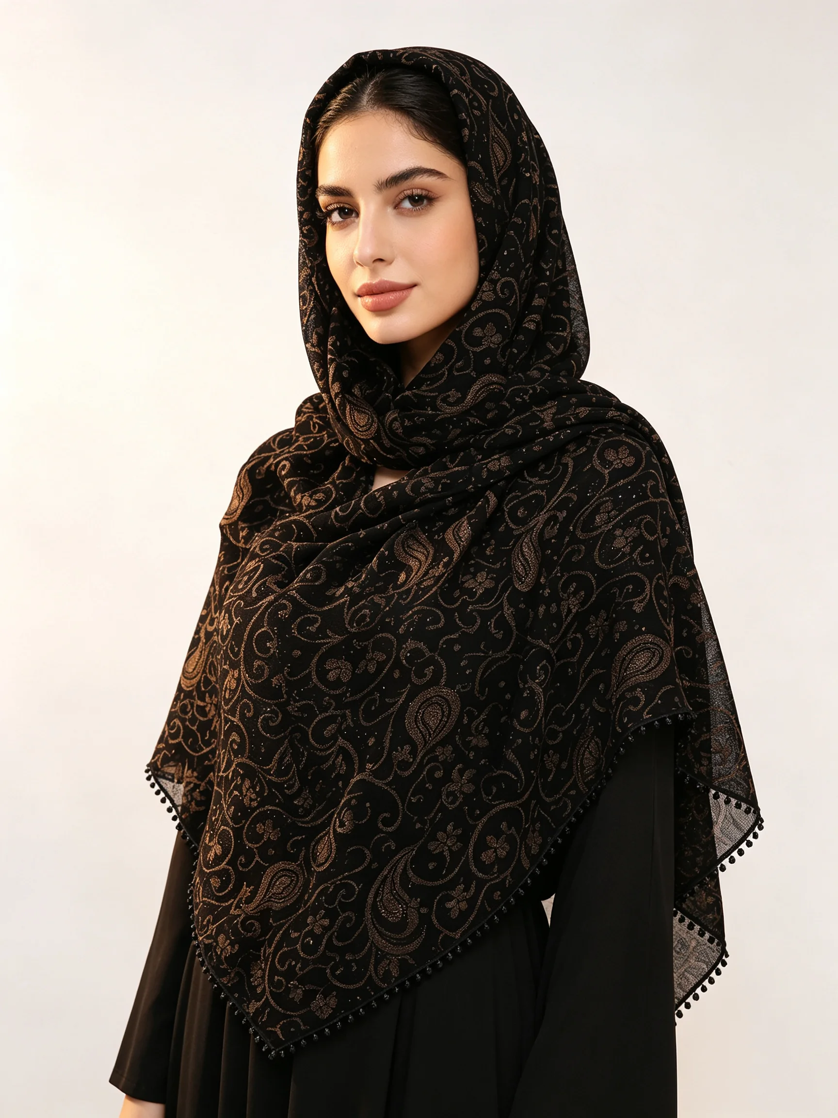 Vintage Glitter Hijab For Women Black Brown Floral Print Shawl With Tassel Edge Muslim Headscarf Islamic Scarf Wrap