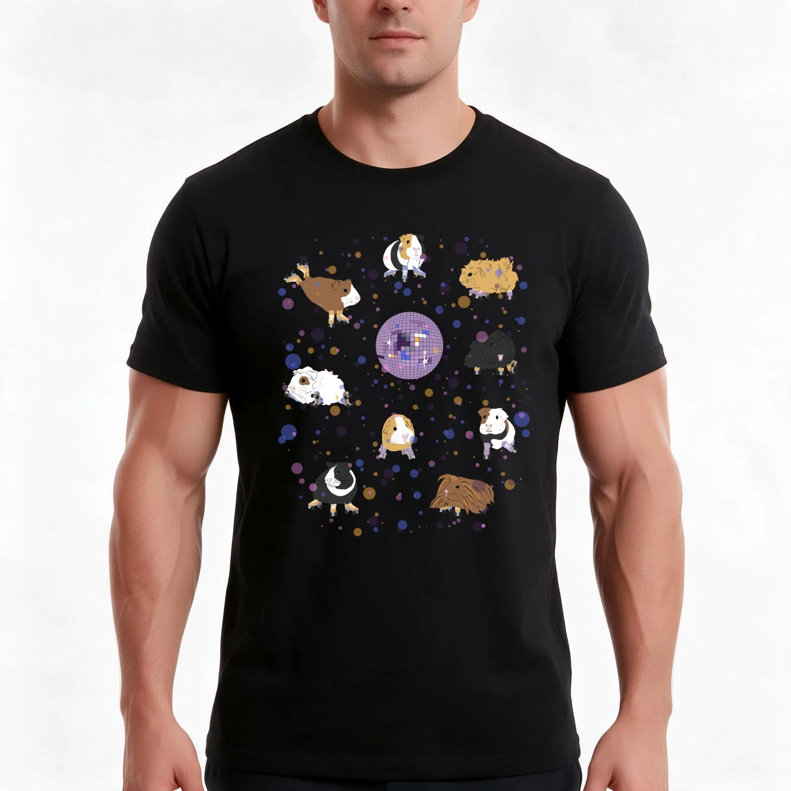 Guinea Pigs Disco Roller Skating T-Shirt, Summer Casual Cotton Tee, Oversized Streetwear Tops, Vintage Graphic Print