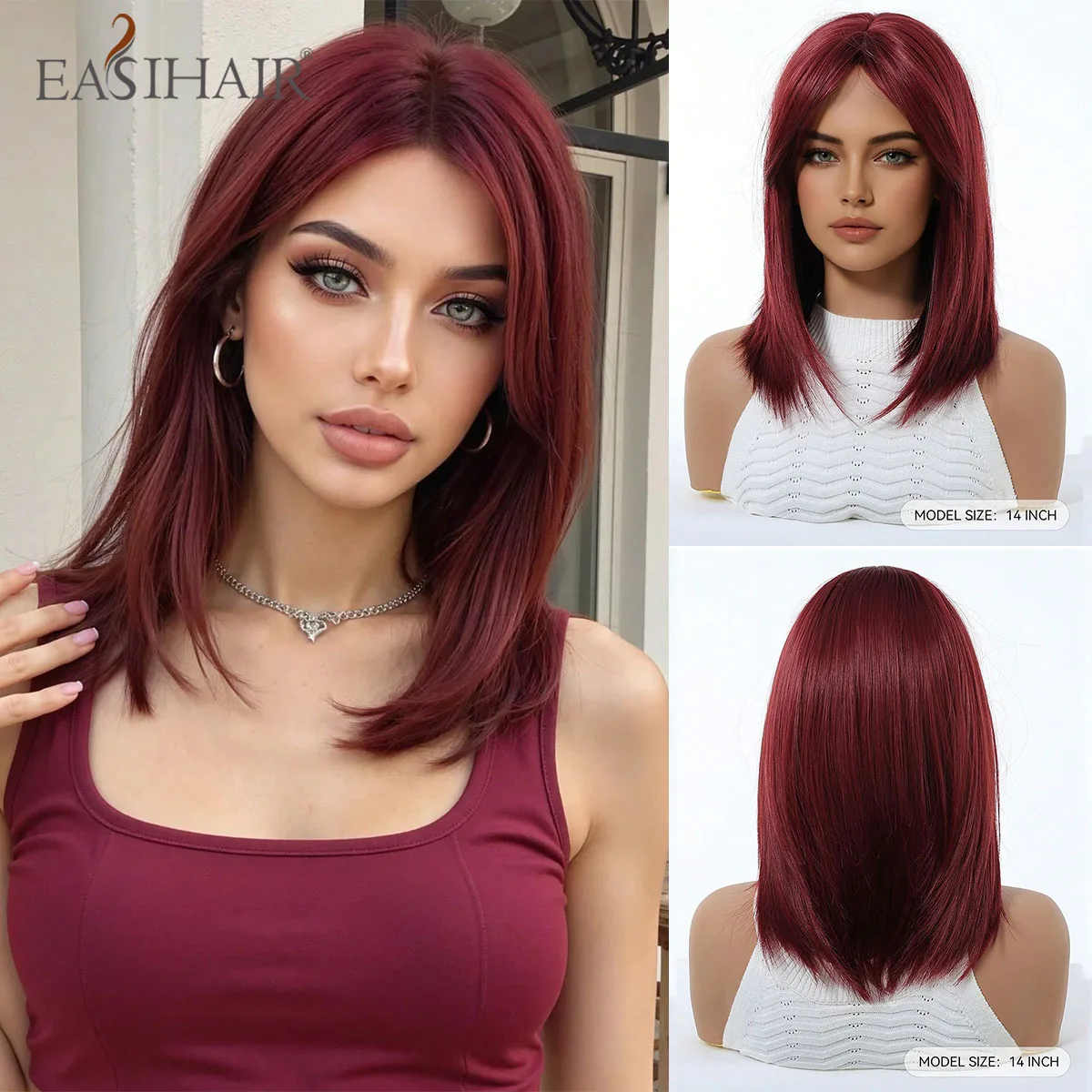 

EASIHAIR Medium Length Layered Synthetic Wigs for Women Wine Red Short Straight Wig With Curtain Bangs Cosplay Daily Natural Wig