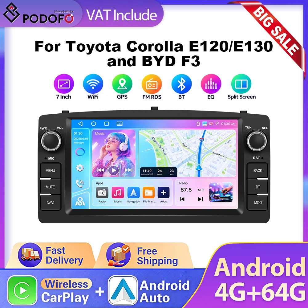 Podofo, autoradio 2 DIN con schermo touchscreen capacitivo TFT da 7 pollici, compatibile con Toyota Corolla E120/E130 e BYD F3, con CarPlay wireless, Android Auto, GPS, FM, RDS e comandi al volante,