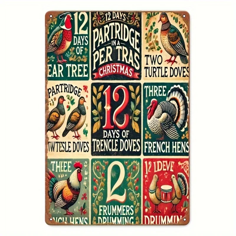 Vintage 12 Days of Christmas Metal Wall Art Sign - Large  Retro Iron Decoration with Partridge in Pear Tree, Doves