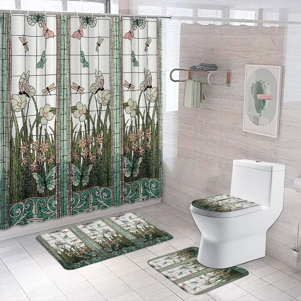 Stained Glass Meadow Flower Dragonfly Print Polyester Fabric Shower Curtain Home Hotel Apartment Bathroom Bath Curtain Carpet