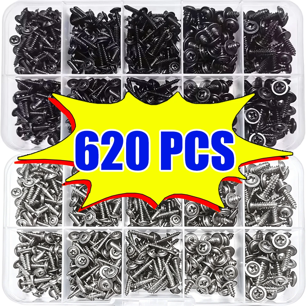 620Pcs Self-Tapping Screws M2/M3 Sizes Disk Head Flat Cross-Blade Design Black/Silver Carbon Steel for Wooden Furniture