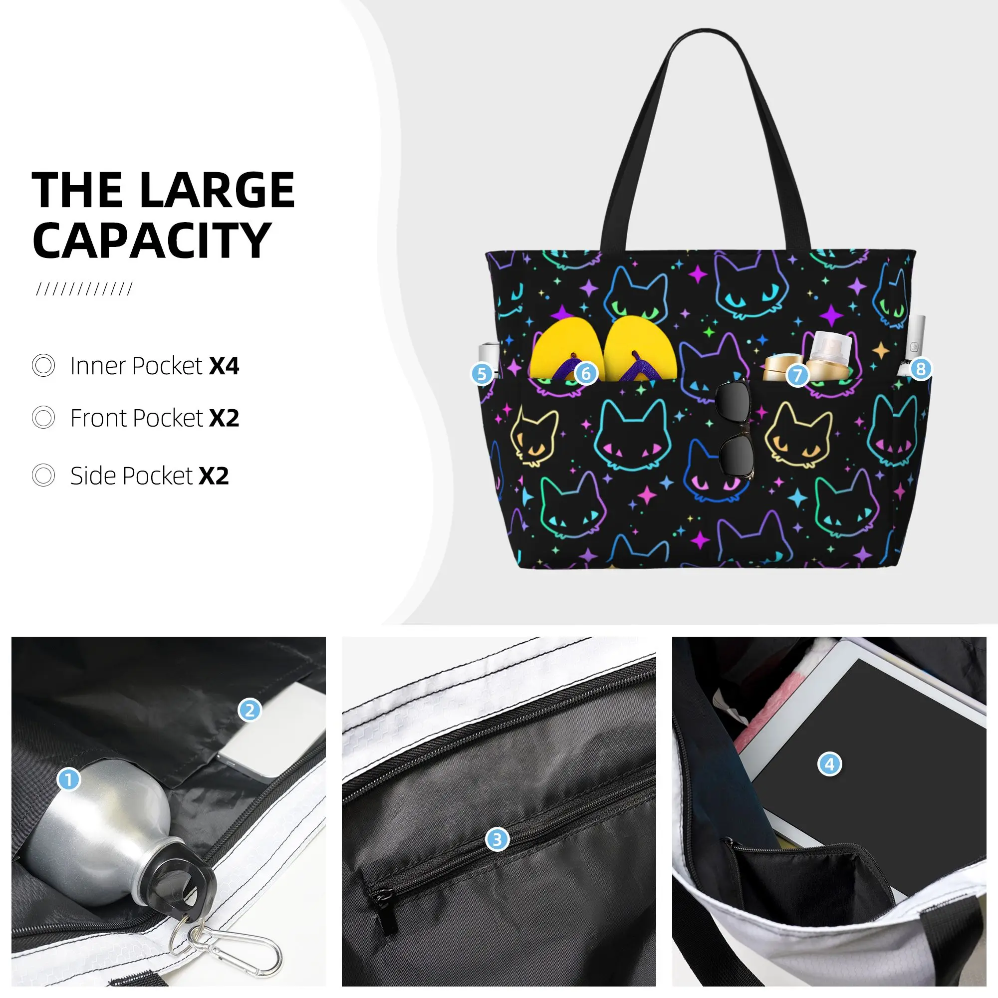 Colorful Neon Cat Heads Large Waterproof Beach Bag for Women Ladies Sandproof Tote Bag Pool Bags for Travel Vacation Gym Swim