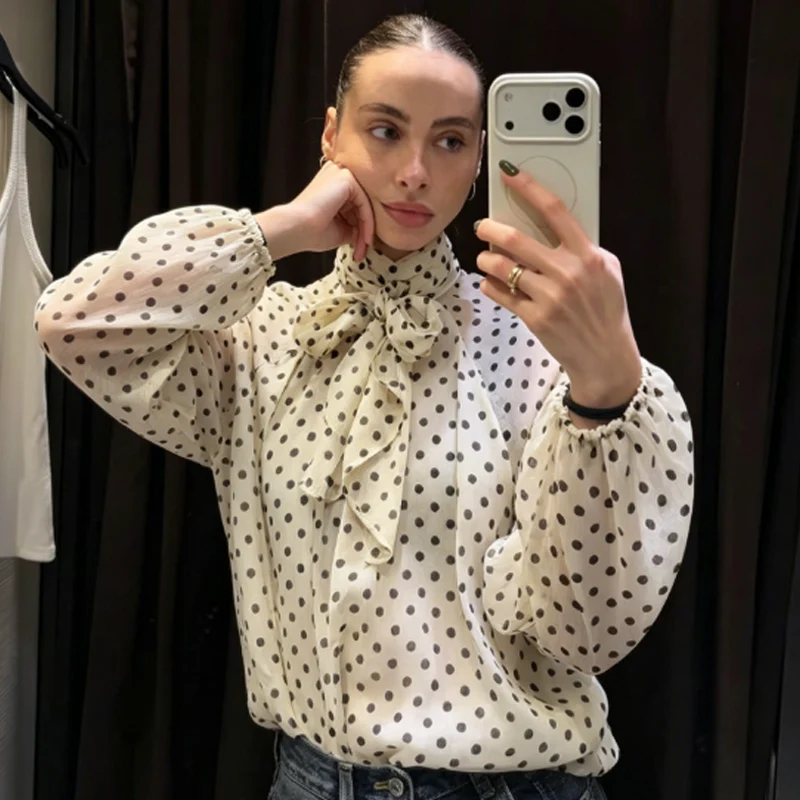 HXAO Polka Dot Oversized Top Women's Blouse Summer 2026 Boho Brown White Shirt Chiffon See -Through Long Sleeve Tops For Woman