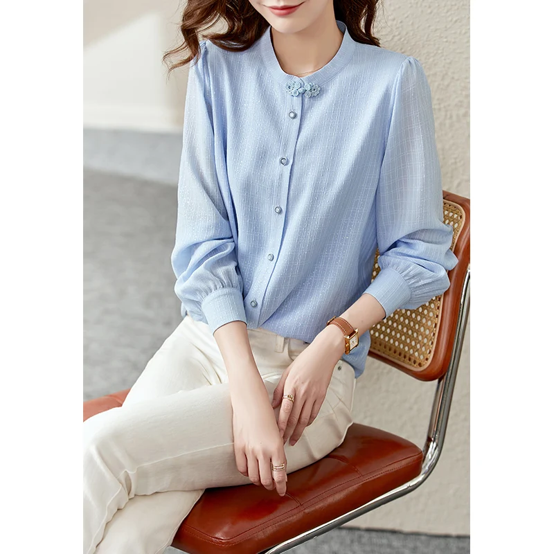 Vimly Chiffon Blouse Women 2022 Autumn New Fashion Elegant Classic Button Design Lantern Long Sleeve Tops Female Clothing V5958