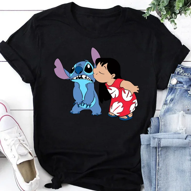 しかし、最初にコーヒーを飲む リロとスティッチの漫画Tシャツ トップス 女性用 レディース S-3XL 夏用 女性用Tシャツ ブラック Oネック カジュアルTシャツ