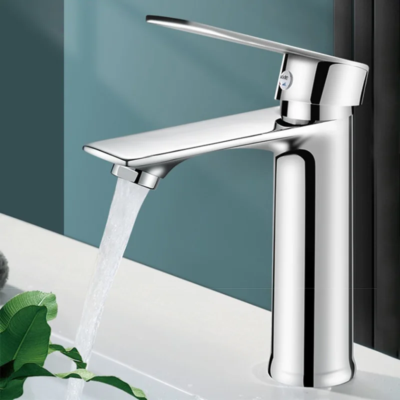 

Brass Core Modern Bathroom Sink Faucet Chrome Copper Alloy Single Handle Deck Mounted Hot Cold Mixer Sink Wash Basin Water Tap